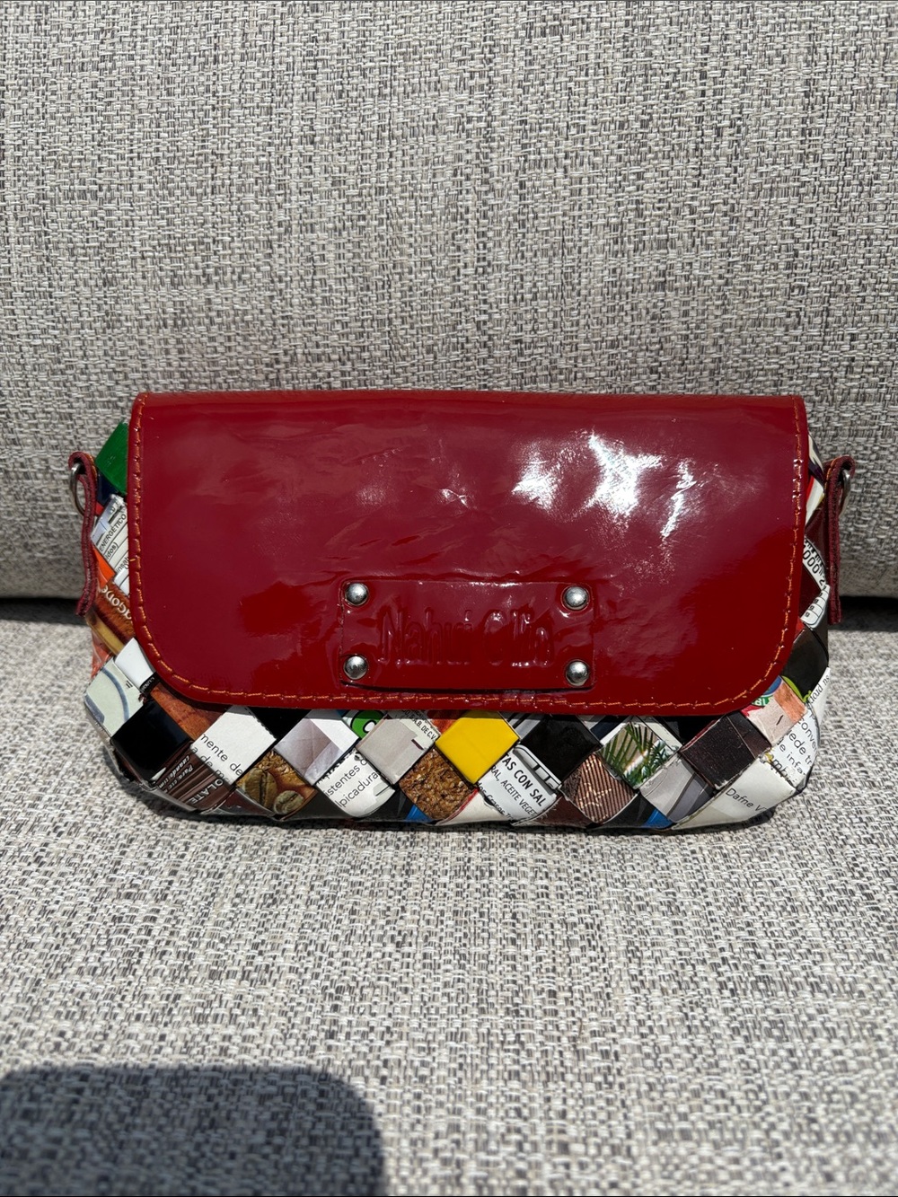 Nahui Ollin Red Patent Candy Wrapper Clutch Crossbody (No Strap) Preowned